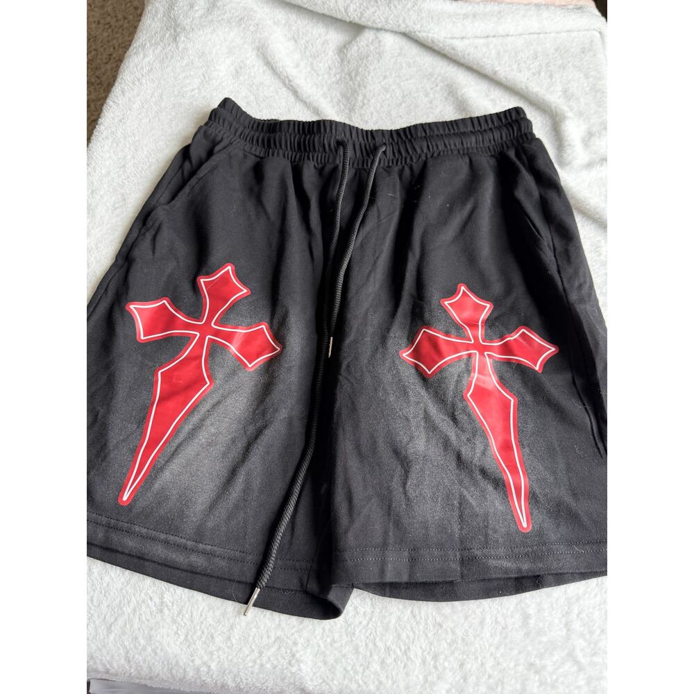 NWT ROMWE Men's Black Gothic Cross Graphic Drawstring Shorts Size S